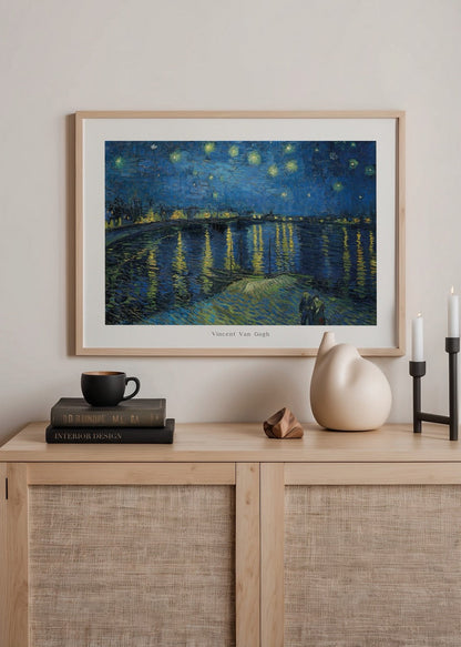 Night sky with stars reflected on the Rhône river in artwork.