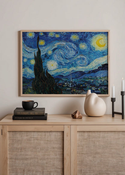 Starry Night Dreamscape poster featuring a swirling night sky with stars and a village.