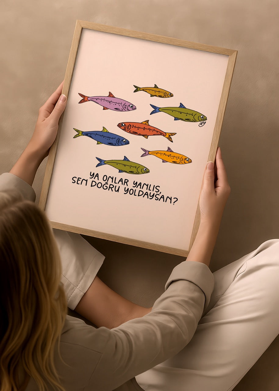 Playful illustration of colourful fish on a soft backdrop for wall decor.