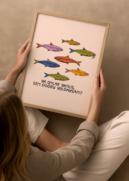 Playful illustration of colourful fish on a soft backdrop for wall decor.