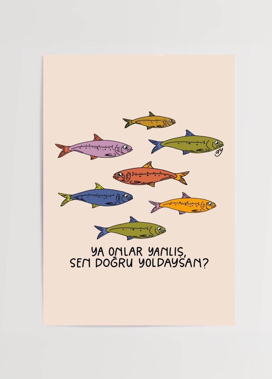 Playful illustration of colourful fish on a soft backdrop for wall decor.