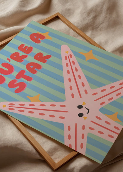 A playful starfish illustration with the text &