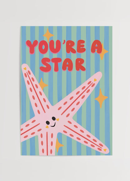 A playful starfish illustration with the text &