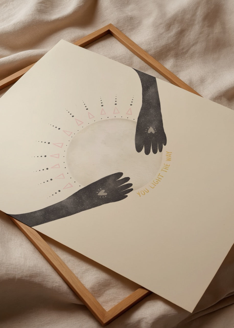 Modern poster print featuring hands holding a moon in a spiritual design.
