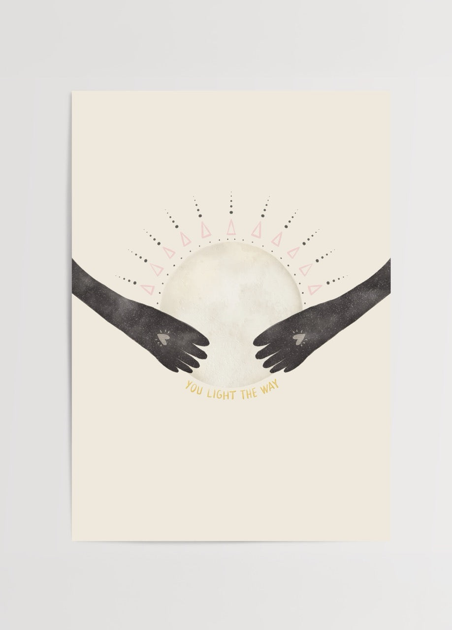 Modern poster print featuring hands holding a moon in a spiritual design.