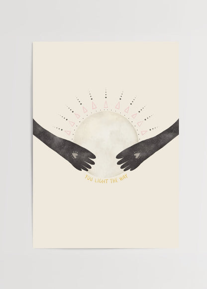 Modern poster print featuring hands holding a moon in a spiritual design.