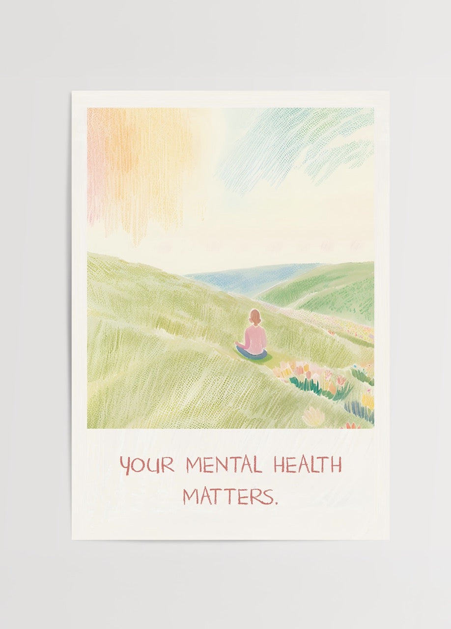 A serene landscape illustration with a figure seated, featuring the text &