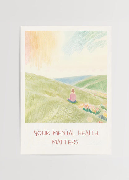 A serene landscape illustration with a figure seated, featuring the text &