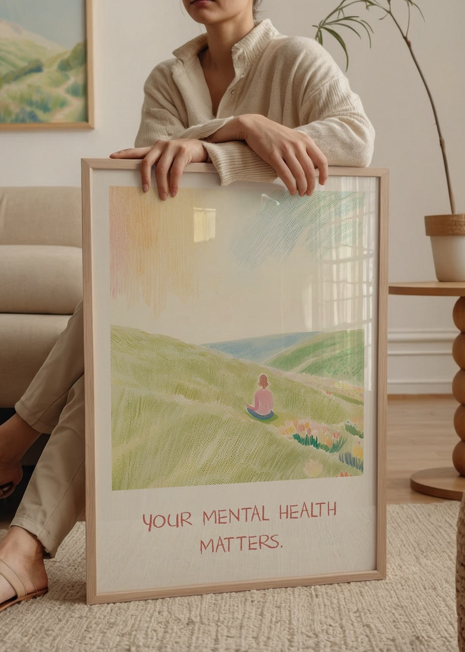 A serene landscape illustration with a figure seated, featuring the text &