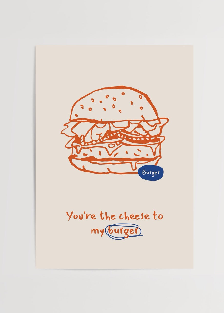 Cheese and burger art print with playful typography and minimal design.