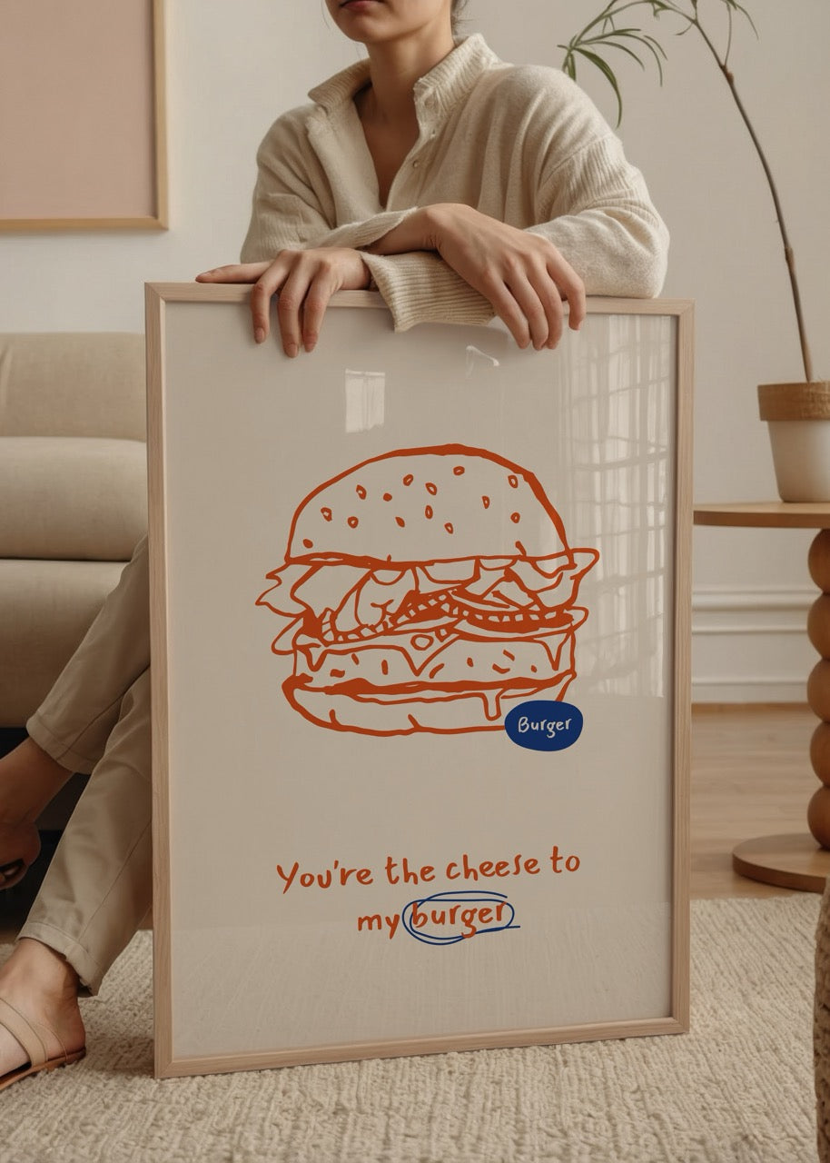 Cheese and burger art print with playful typography and minimal design.