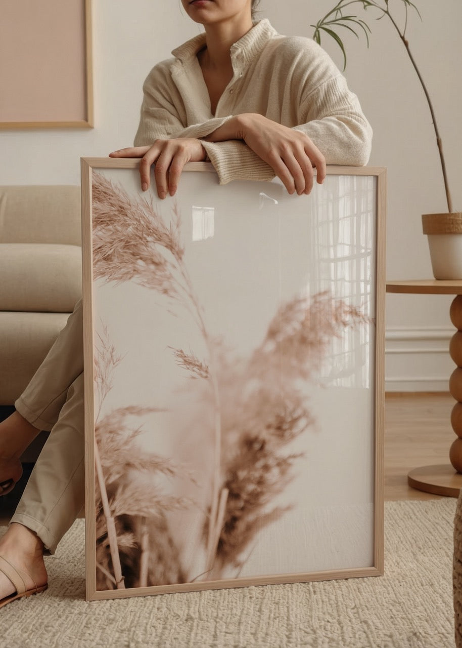 Soft sepia pampas grass wall art for serene interior styling