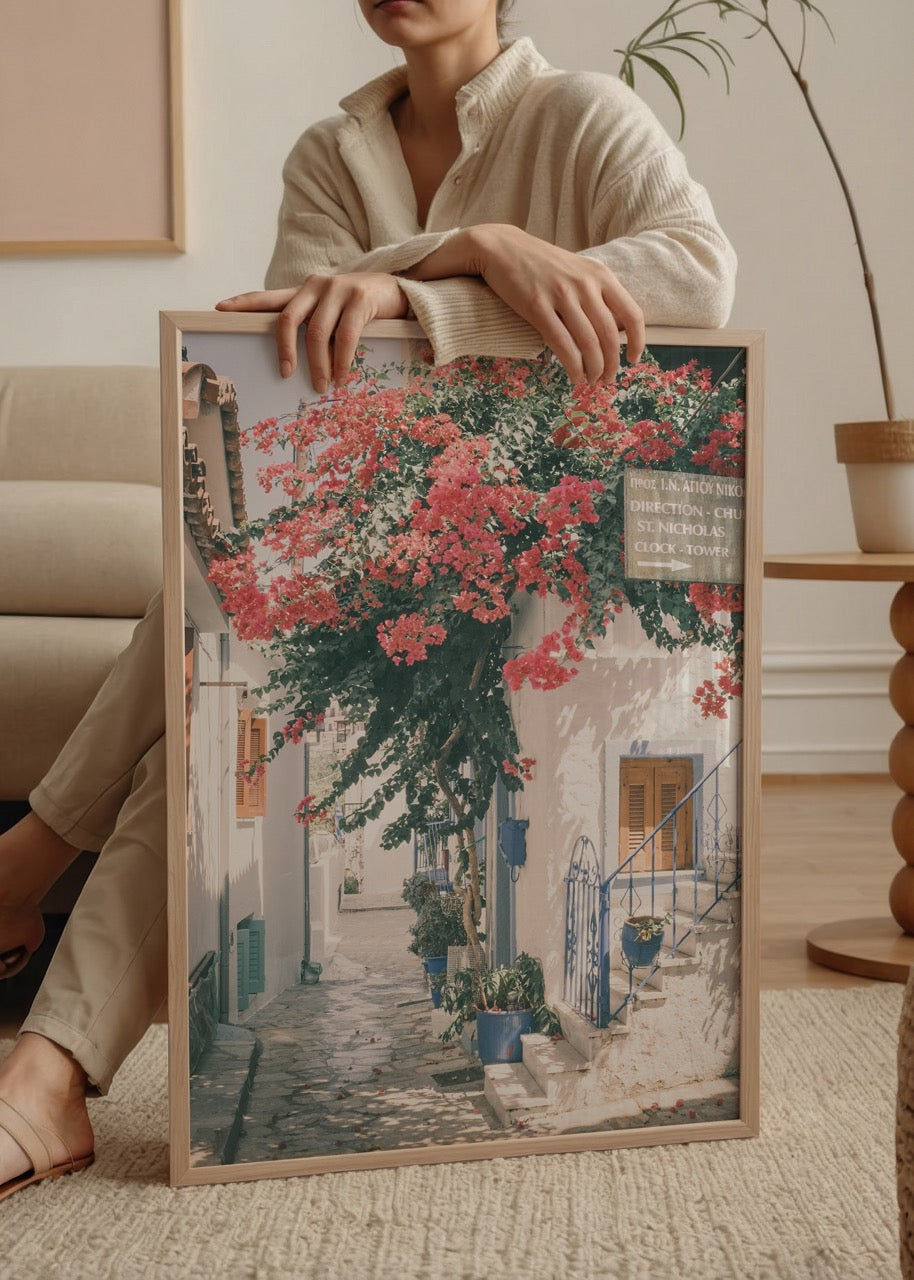 Beautiful Mediterranean street adorned with vibrant bougainvillea flowers.