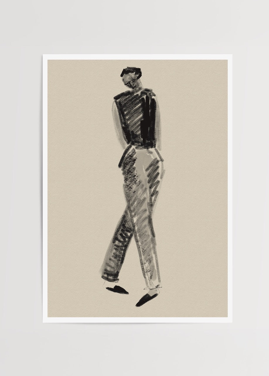 Monochrome sketch art print depicting an elegant, walking figure.
