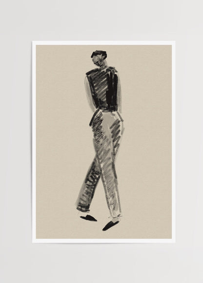 Monochrome sketch art print depicting an elegant, walking figure.