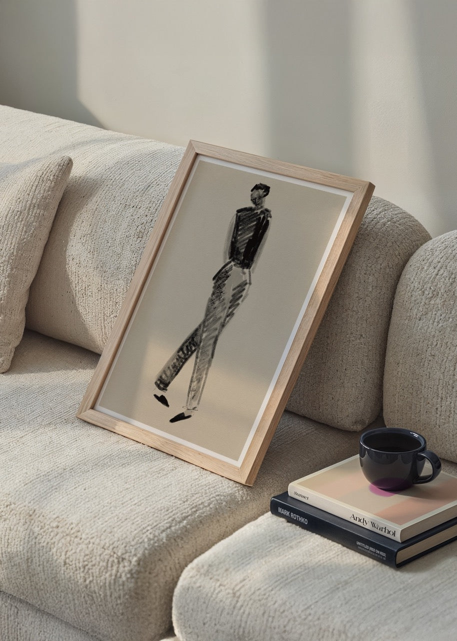 Monochrome sketch art print depicting an elegant, walking figure.
