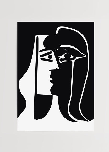 Monochrome artwork featuring abstract faces in bold lines.