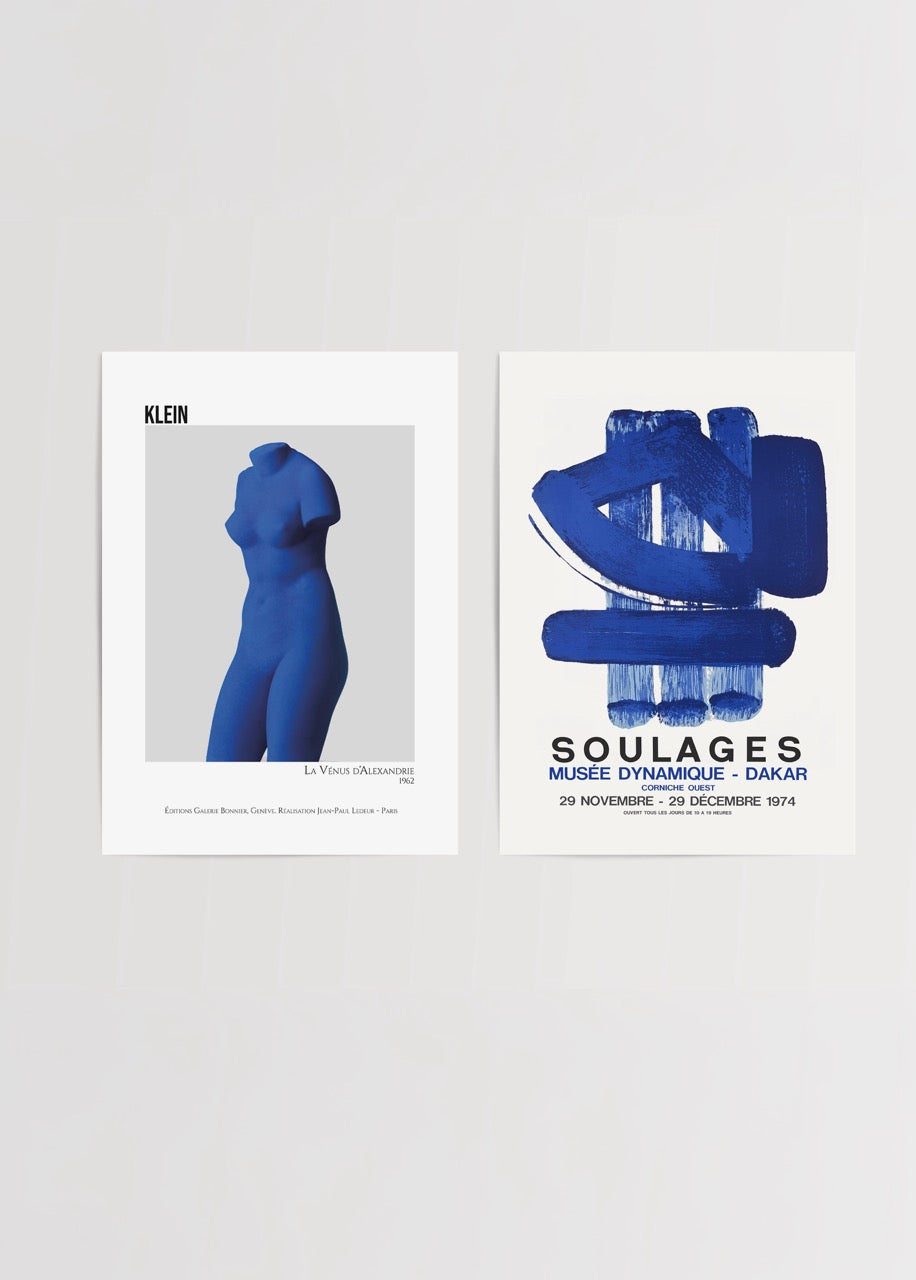 Dynamic poster set featuring a blue abstract design and a sculptural form, perfect for modern interior decor.
