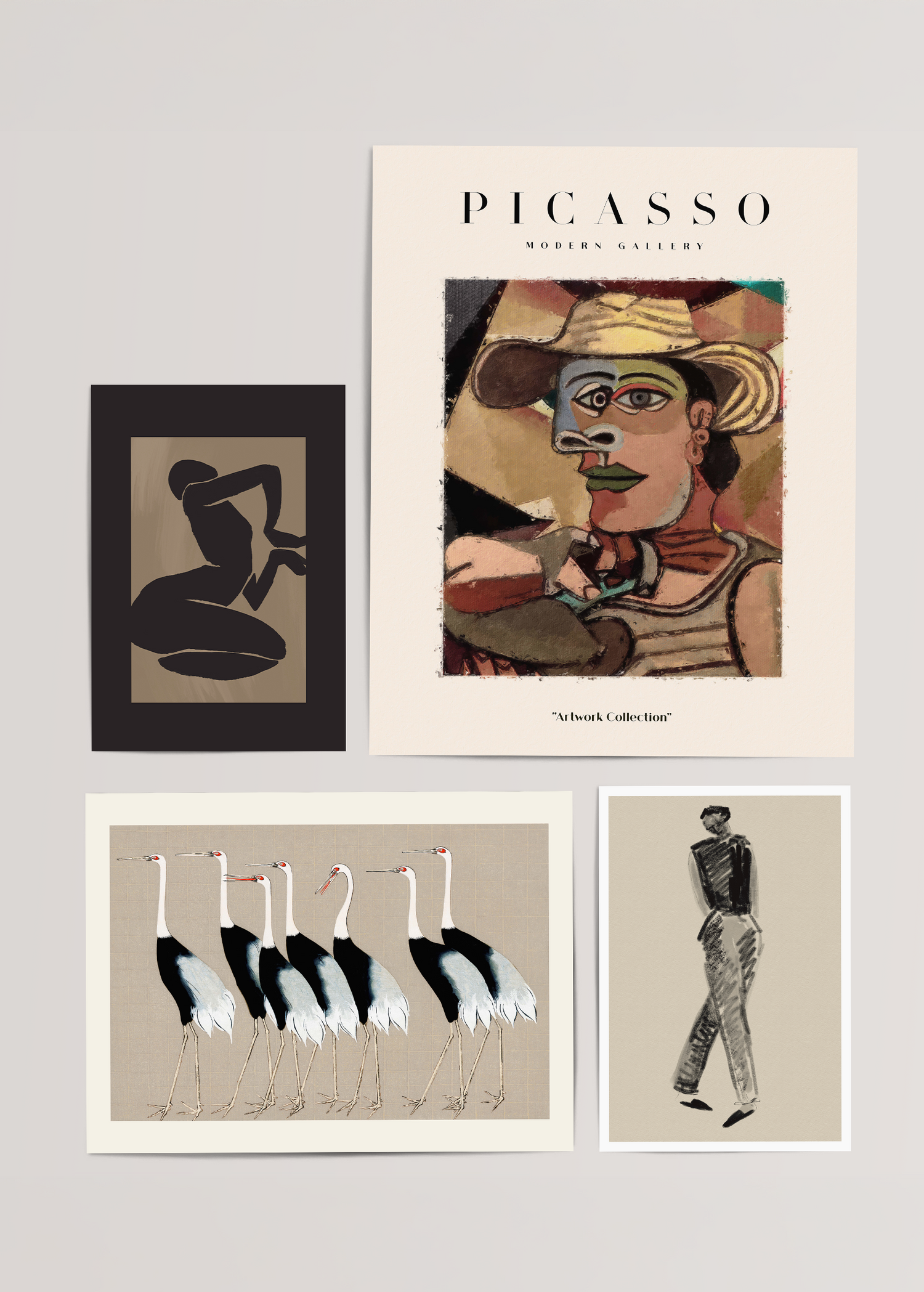 A curated set of four premium posters featuring abstract and contemporary art styles.