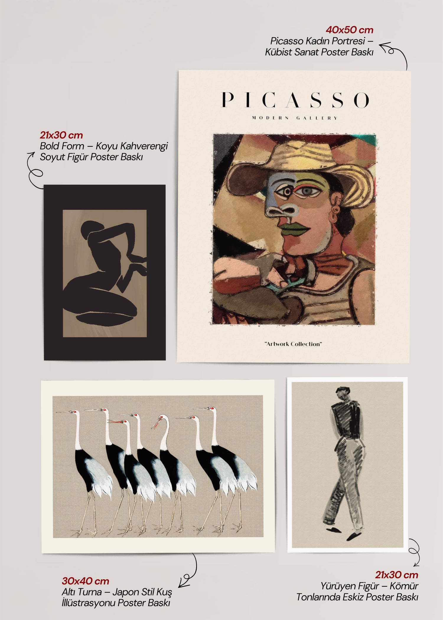 A curated set of four premium posters featuring abstract and contemporary art styles.