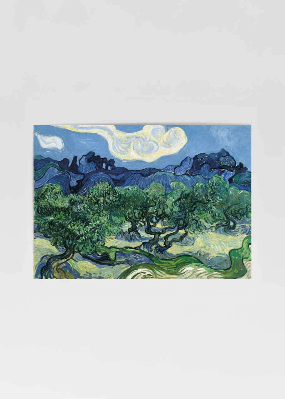 Serene Olive Grove art print featuring swirling greens and blues.