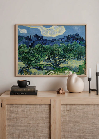 Serene Olive Grove art print featuring swirling greens and blues.