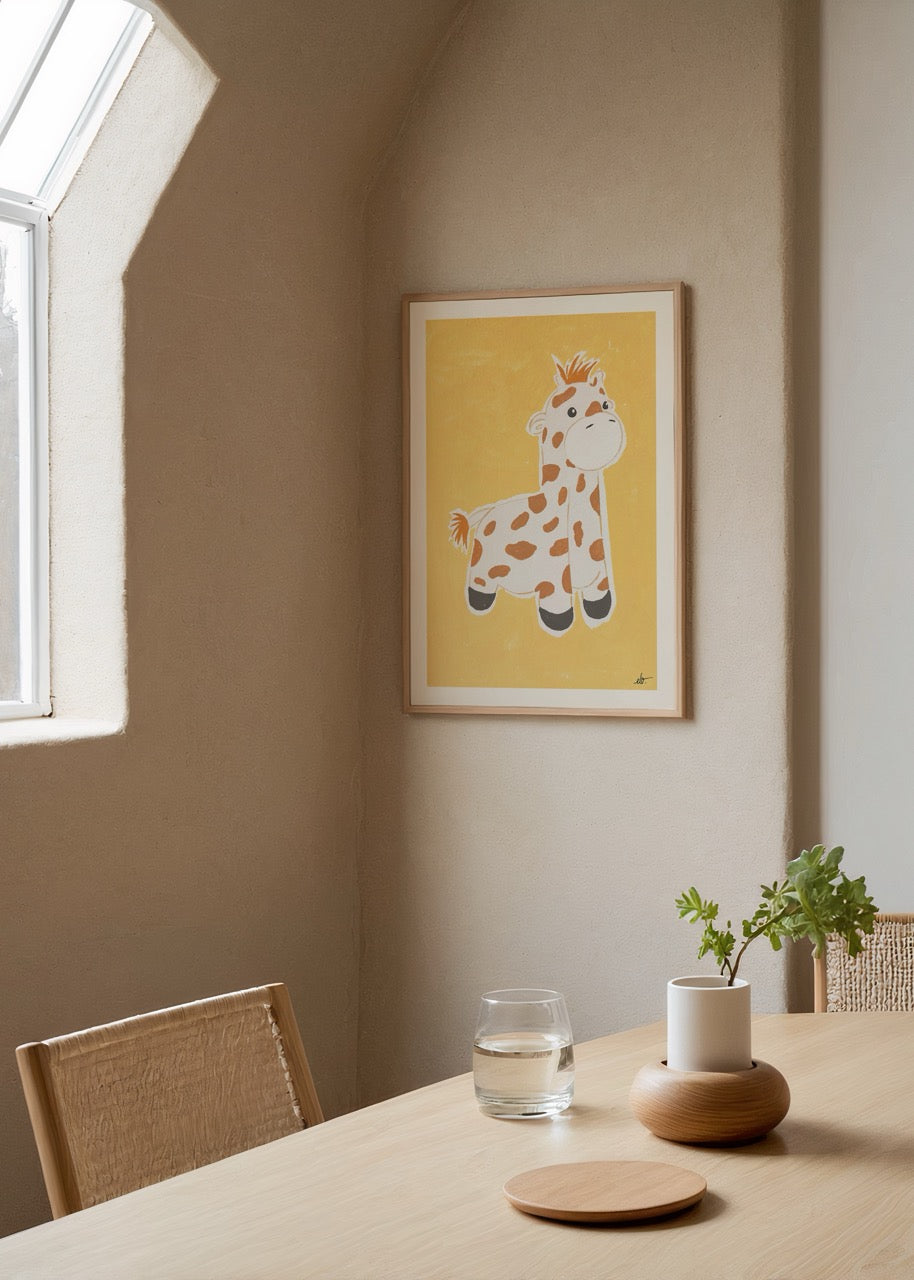 Charming giraffe illustration in pastel tones on a yellow background.