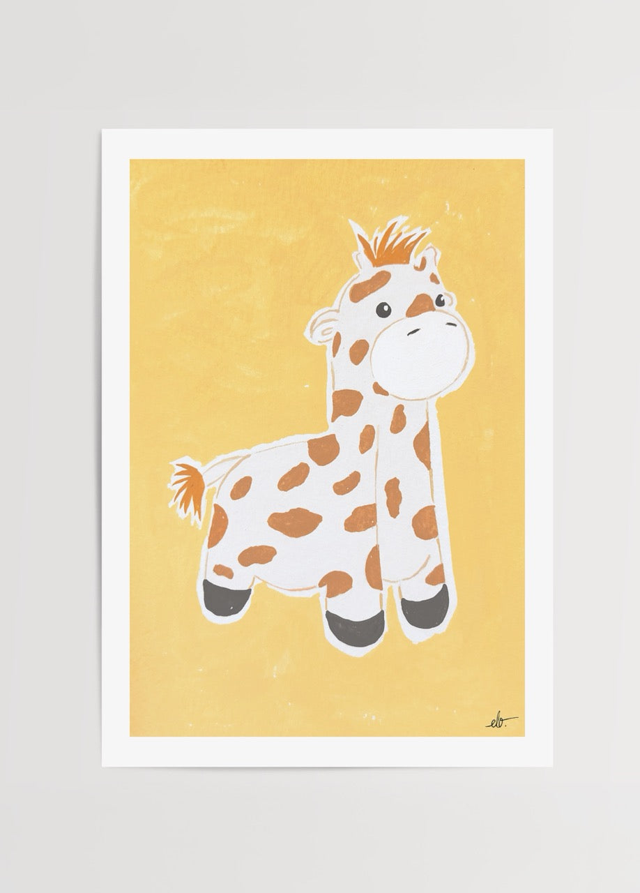 Charming giraffe illustration in pastel tones on a yellow background.