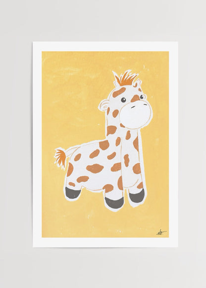Charming giraffe illustration in pastel tones on a yellow background.